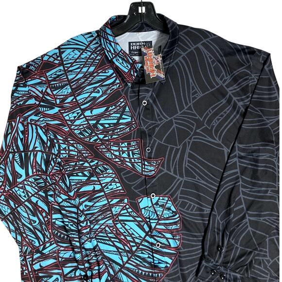 Born Hawaii Button Up Shirt Men's XXL Black/Blue Tribal All Around Print Party - Picture 1 of 12